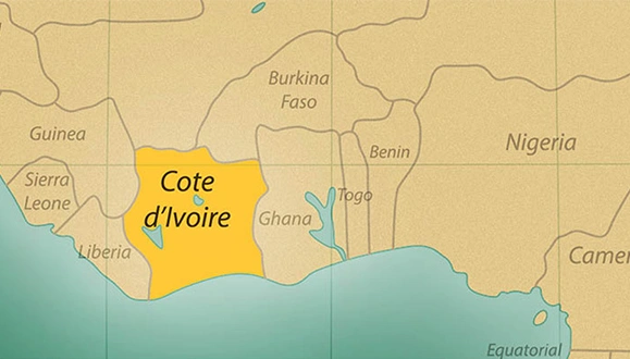 A close-up map of West Africa highlighting the country of Côte d’Ivoire in yellow.