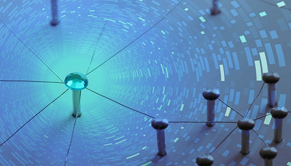 Digital art of a bright blue peg connected to a network of black pegs representing the deployment and distribution of patches for vulnerable code.