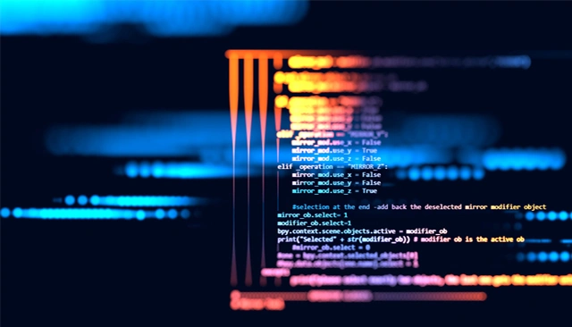 Source code brightly lit in orange and pink hues.