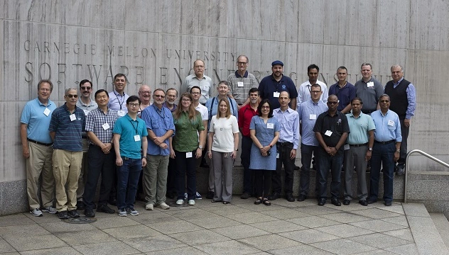 Attendees of the 15th annual Workshop for Educators stand outside of the Software Engineering Institute in Pittsburgh, PA.
