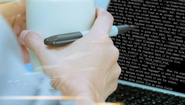 Close-up of person holding a Sharpie marker and roll of paper in their hand in front of a laptop displaying code.