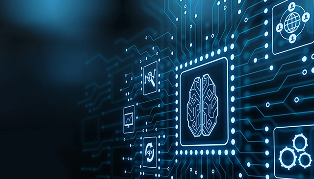Digital art of neon blue backlit backlit brain surround by a computer motherboard and icons representing machine learning in cybersecurity.