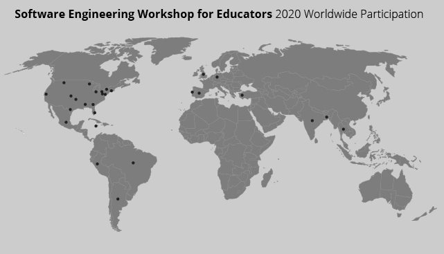 Pinpoints on a global map indicate the location of the 2020 Software Engineering Workshop for Educators attendees.