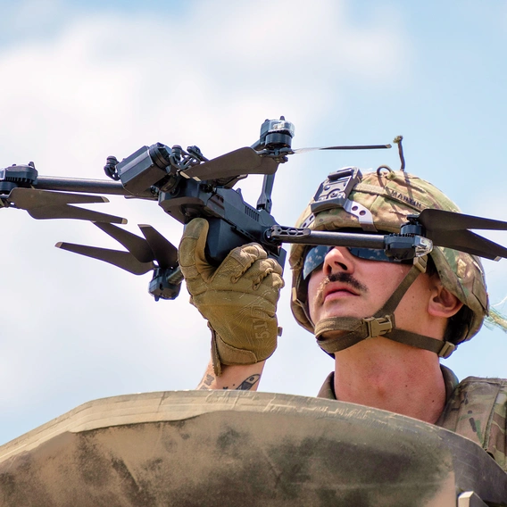 A US Army soldier preparing to launch a small drone.