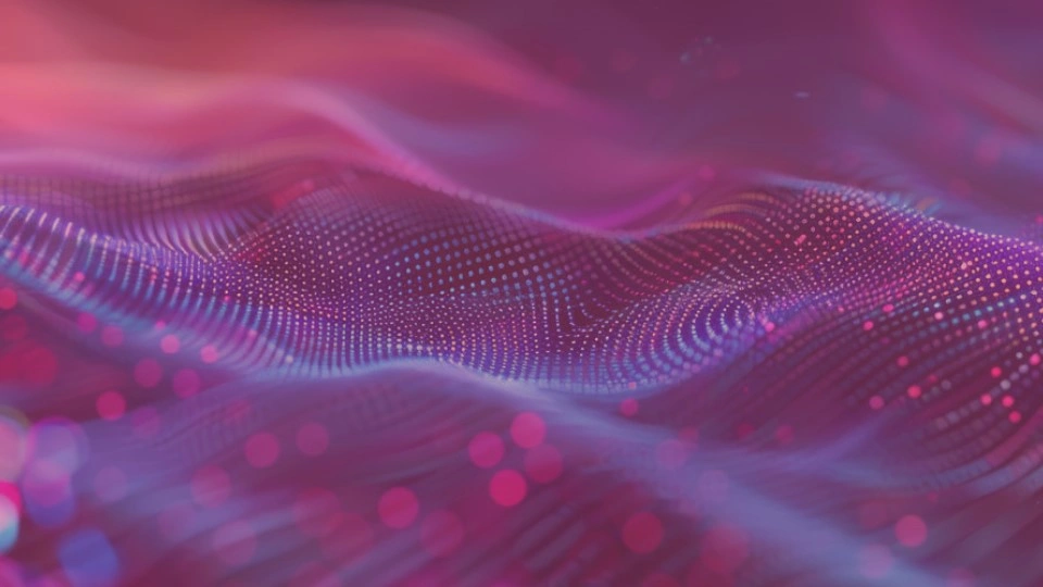 CERT Leadership AI Cybersecurity. Abstract neon wave of flowing particles suggesting data and advanced technology.