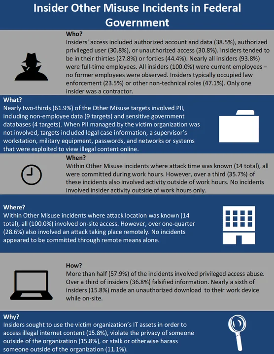 Infographic detailing the Who, What, When, Where, How, Why of insider other misuse incidents in federal government.