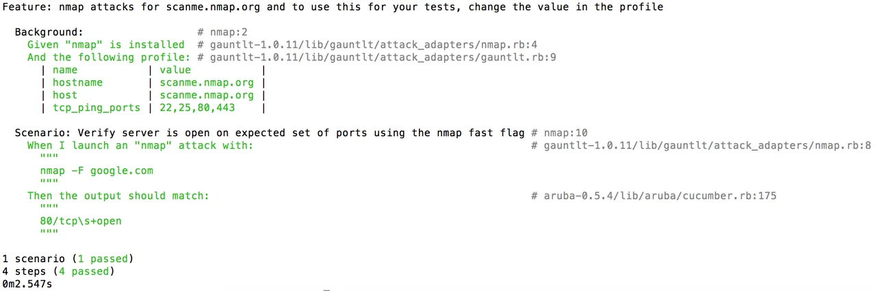 This simple example shows a Gauntlt attack file with only one scenario.