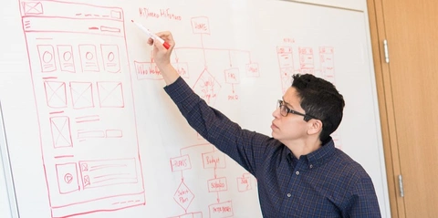 Team collaborating in a conference room, with one person presenting diagrams on a whiteboard while others review.