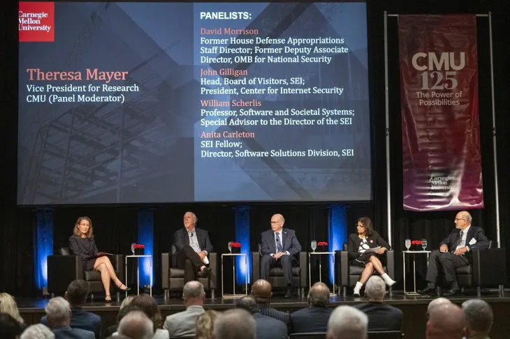 CMU Vice President for Research Theresa Mayer moderates a panel including David Morrison, John Gilligan, Anita Carleton, and William Scherlis.
