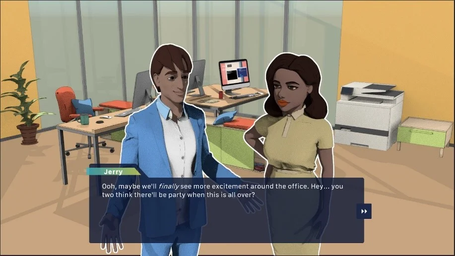 Illustrated office scene with two coworkers talking near desks and computers, with dialogue text from a narrative game displayed.