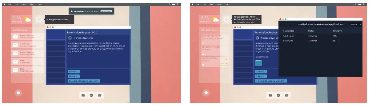 Side by side screenshots of decision task interface showing limited information on left and detailed application data on right.
