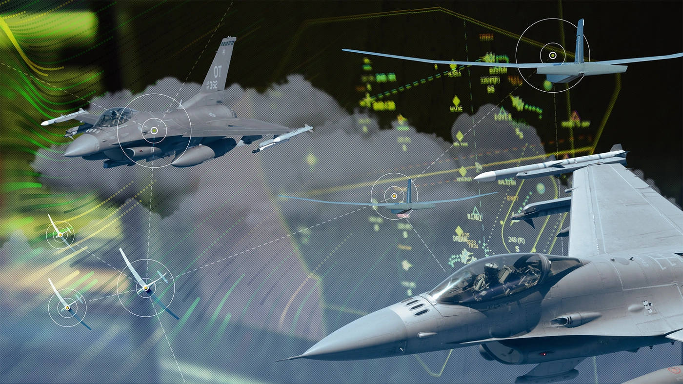 DARPA AIR. F-16 fighter jets coordinate with drones against a background of clouds and digital waves.