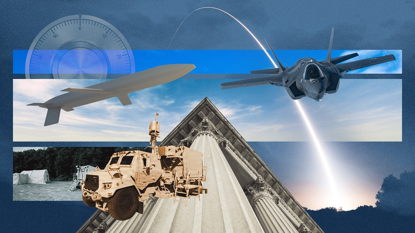 Zero trust for weapon systems. The photo collage shows a Minuteman III missile, an F35 fighter, a long-range standoff weapon rendering, an ICBS, a pillar, and a lock.