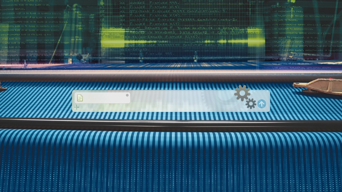 Generative AI and the Future of DoW Software Modernization. An industrial loom weaves threads of old code and newer code into neat rows. A chat-based interface and gears also appear.