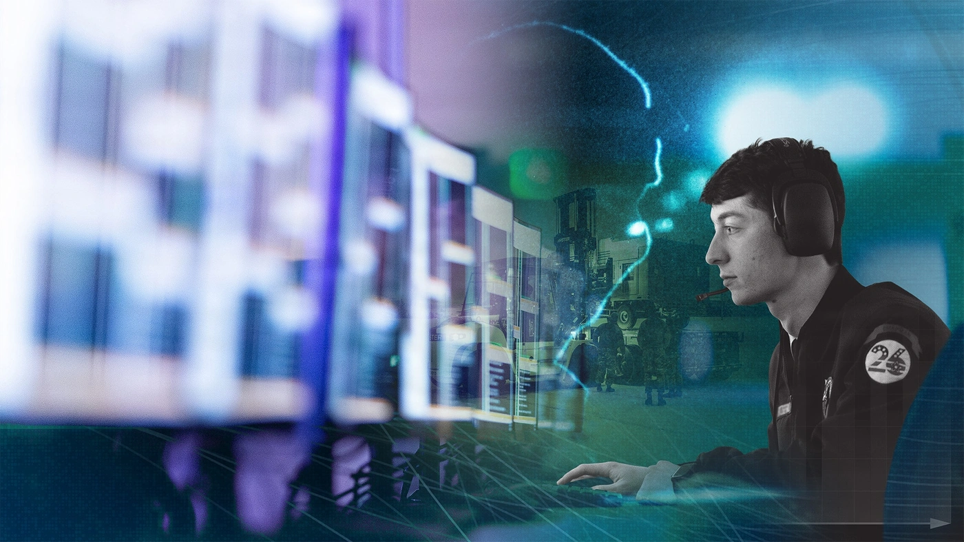 Advancing AI for mission. An operator faces monitors, himself faced by the outline of a figure of a field operator. In the background, a logistics squadron loads supplies.