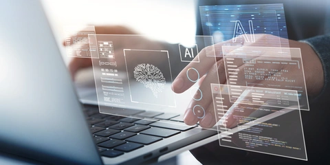 Person using a laptop with overlaid AI interface graphics.