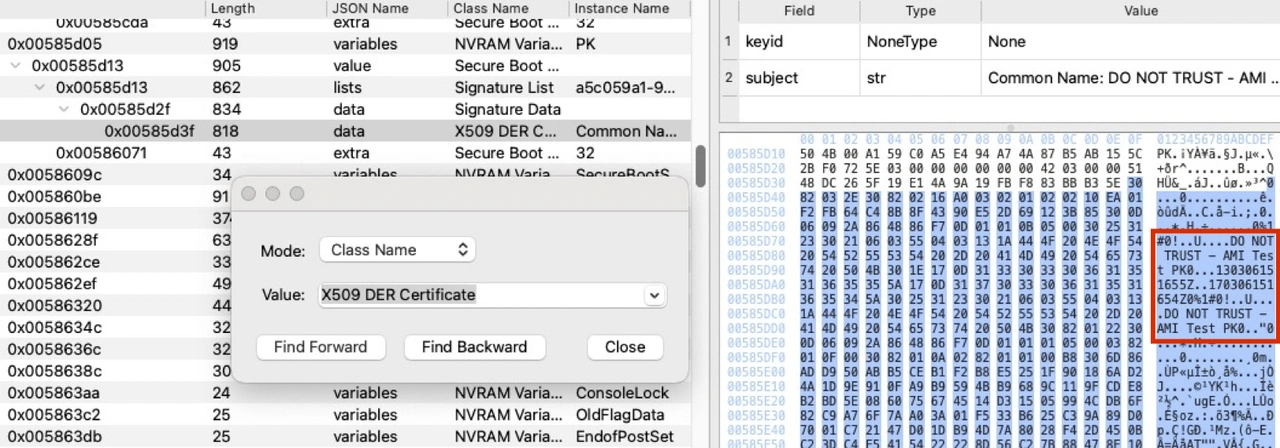 Figure 2 CERT UEFI Parser in GUI mode supports searching by Class Name. A hex dump is displayed to the right of the parsed classes.