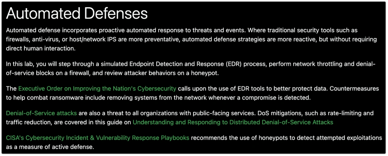 Figure 1: Example of a lab introduction highlighting relevant CISA guidance and resources.
