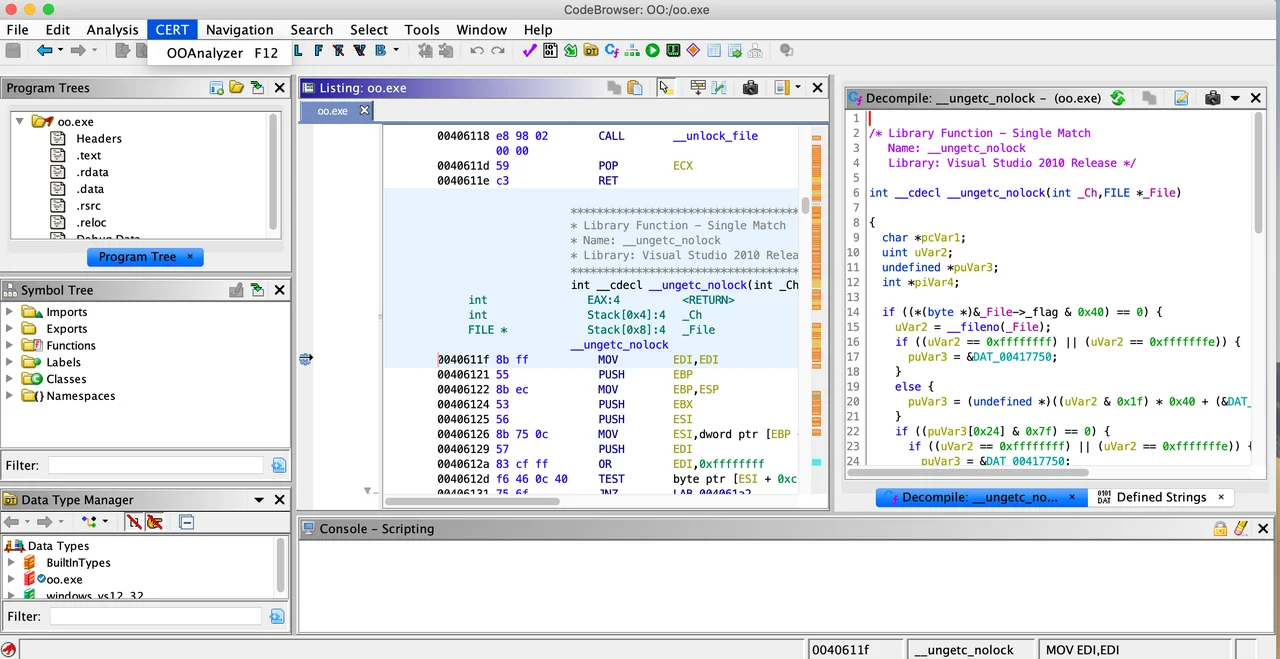 Screenshot of launching the CERT OOAnalyzer Ghidra Plugin.