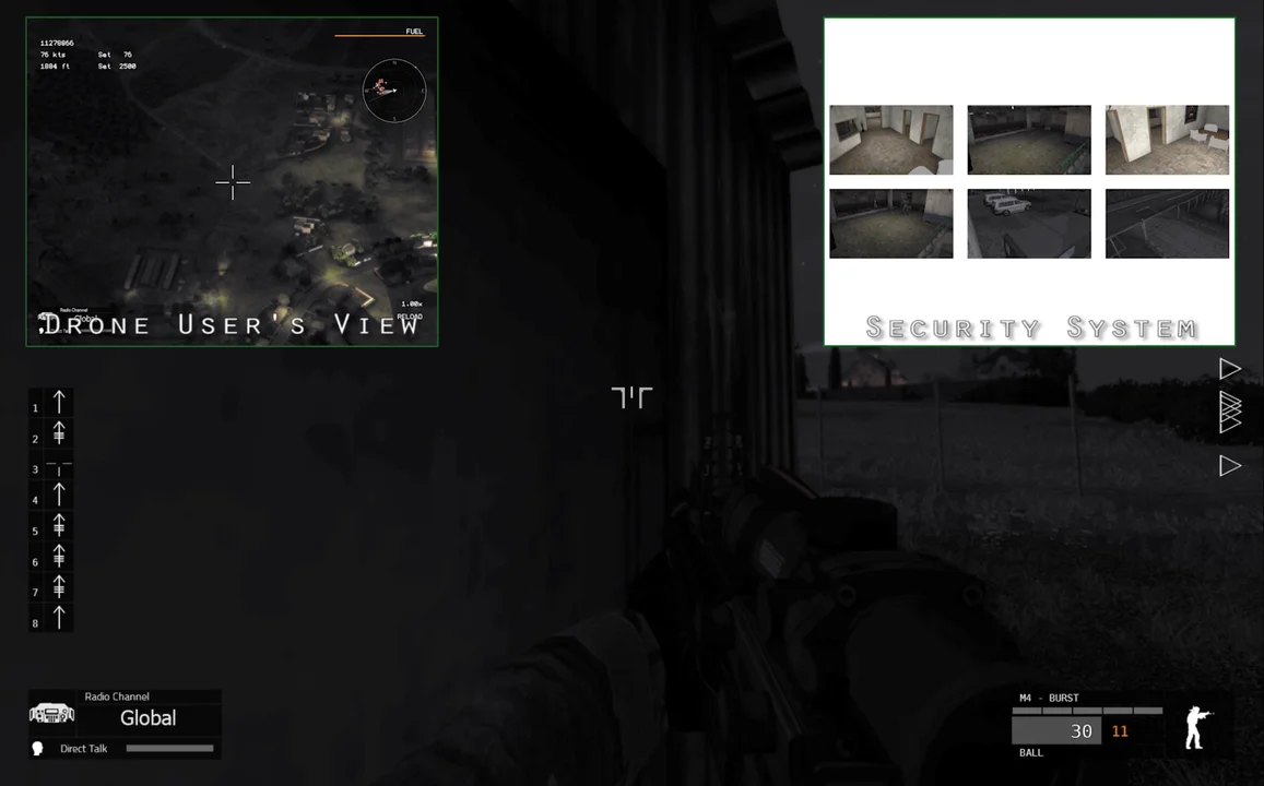 Screenshot of a kinetic simulators using the CKEI interface to display Drone User's View versus the Security System view.