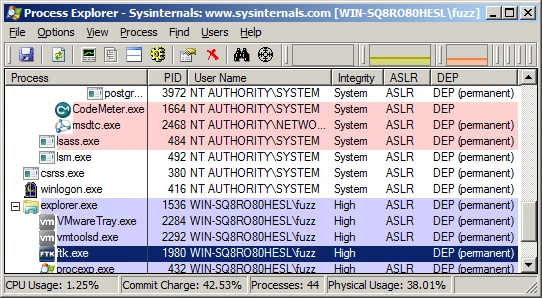Process Explorer shows running processes with integrity, ASLR, and DEP columns enabled.