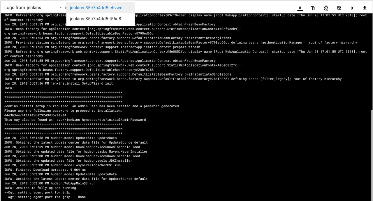 Example of built-in logging feature for a Jenkins deployment pod.