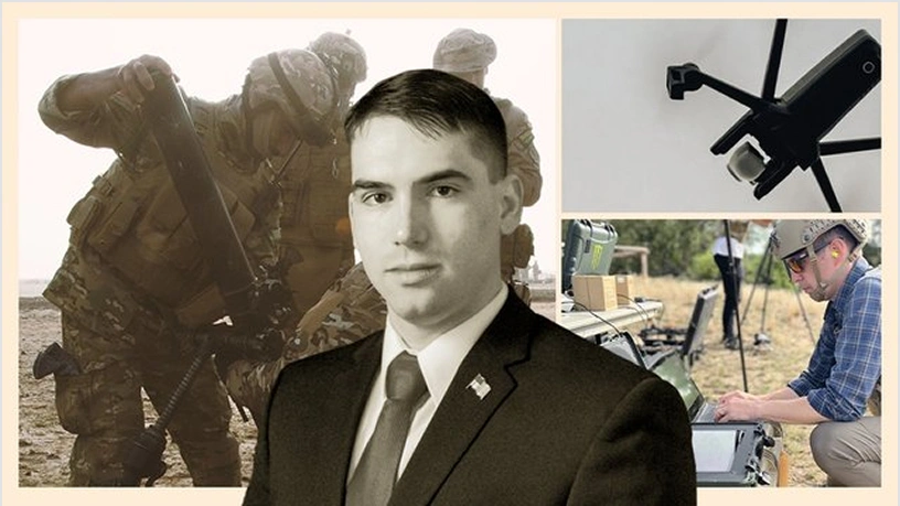 Headshot of Captain Jarek Ingros, with military equipment and soldiers working in the background.