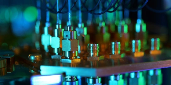 Close-up of a quantum computer in blue lighting.