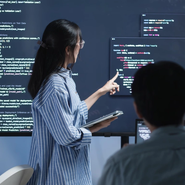 Instructor explains code on a digital display.