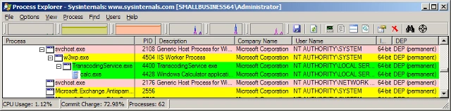 Process Explorer shows Windows services and applications highlighted with User Name and DEP columns.