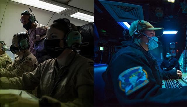 Photo collage of U.S. Air Force and Navy personnel at computers.