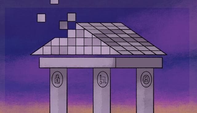 Illustration of a three-pillared building with books as the foundation and digital squares for a roof. The three pillars show a lock symbol, scaling symbol, and head portrait symbol.